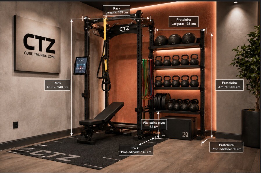 Estação CTZ at Home com rack, banco e prateleira de acessórios, com cotas de medidas indicadas